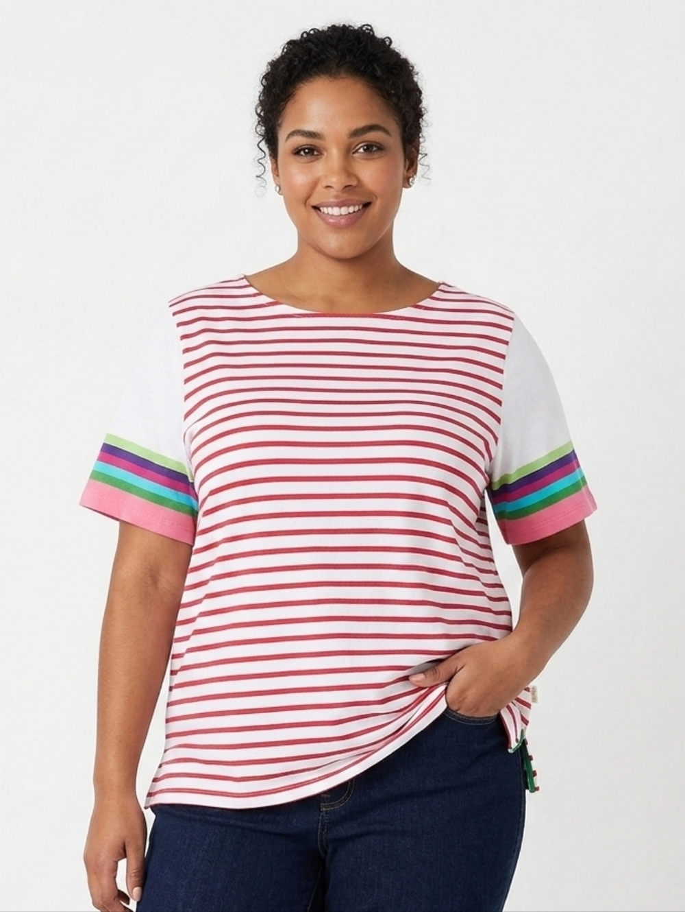 NWT Rafaella Dark Pink Striped Top with Rainbow Sleeves (Runs Small)